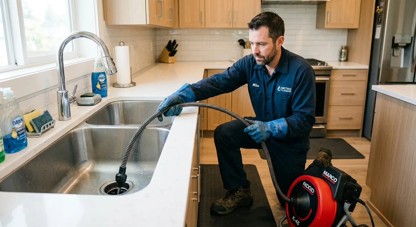 Drain cleaning technician using a motorized snake on a kitchen sink in Brush