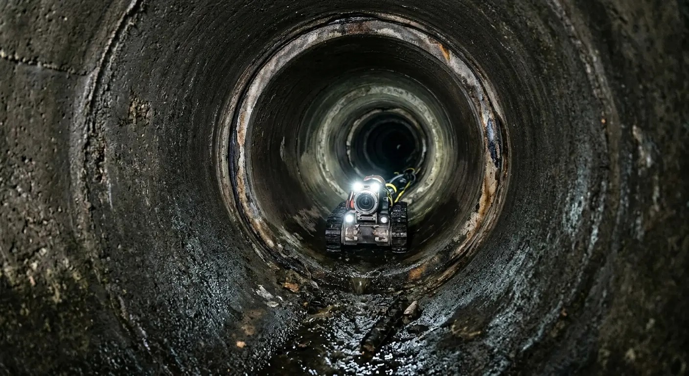 Robotic sewer camera inspecting pipe interior for Sewer Line Cleaning in Brush