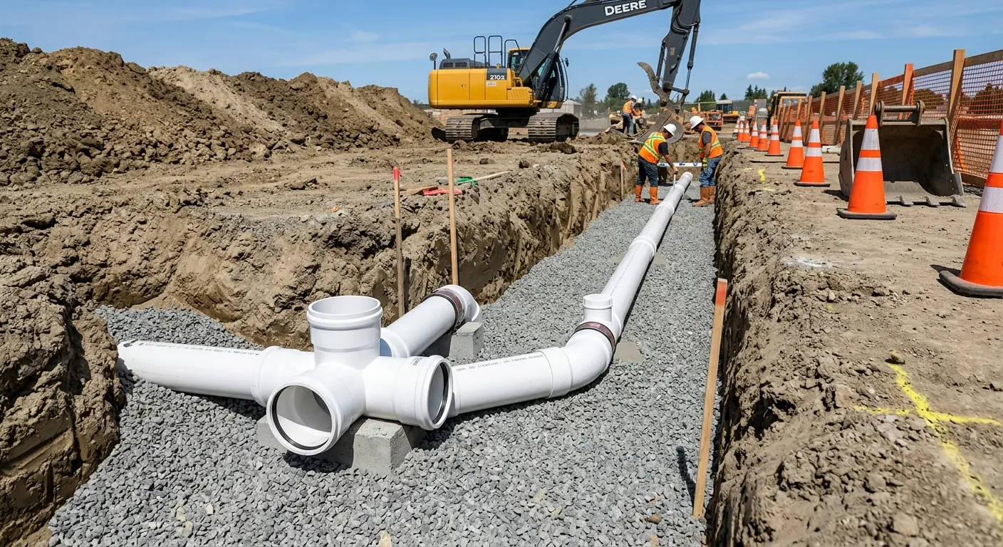 New PVC sewer pipe installation in open trench for Commercial Drain Cleaning in Brush