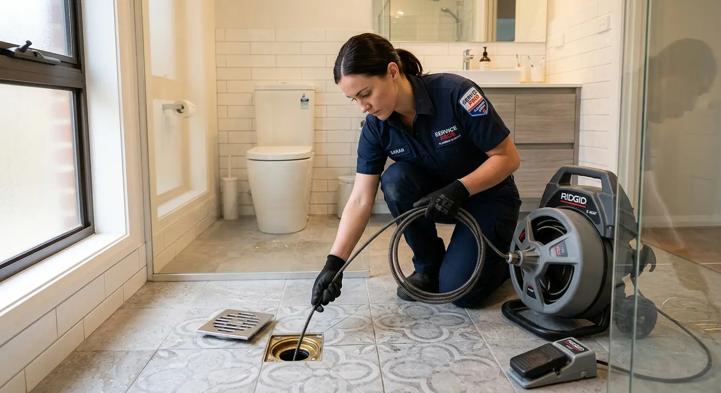 Technician clearing a bathroom floor drain for Hydro Jetting in Brush